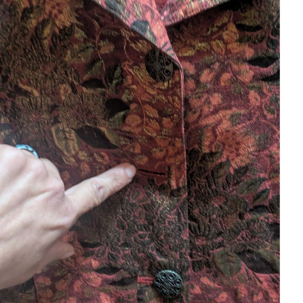 Chicos Womens Size 2 Burgundy Gold Metallic Floral Brocade Blazer Jacket Evening - Picture 5 of 8